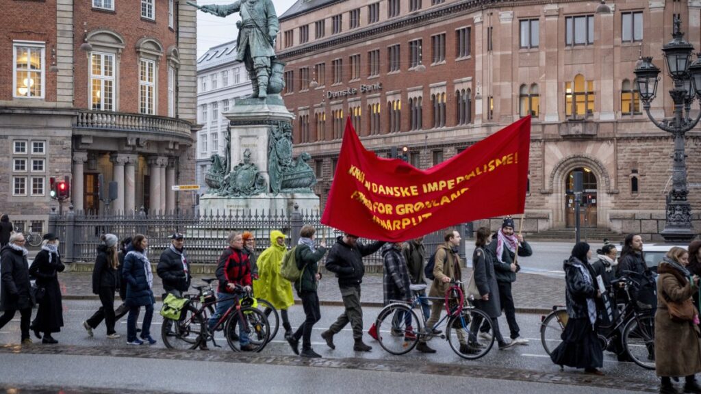 People participate in a protest against the American presence in Denmark, during a march in Copenhagen, Denmark, Jan. 26, 2025. (EPA Photo)