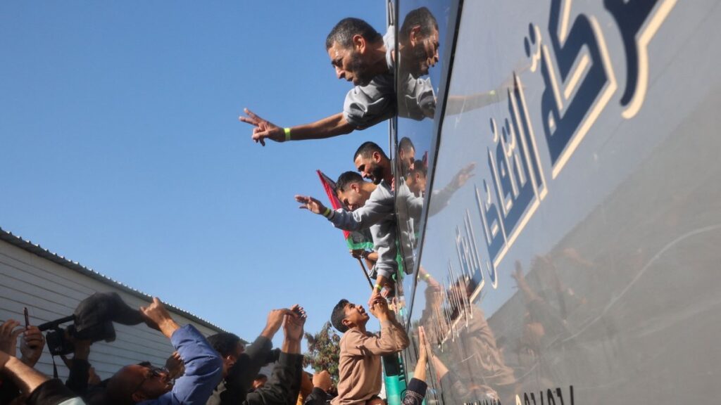 Palestinians who were imprisoned by Israel are welcomed by family and friends as they arrive in Khan Younis, southern Gaza Strip, Palestine, Feb. 1, 2025. (AFP Photo)
