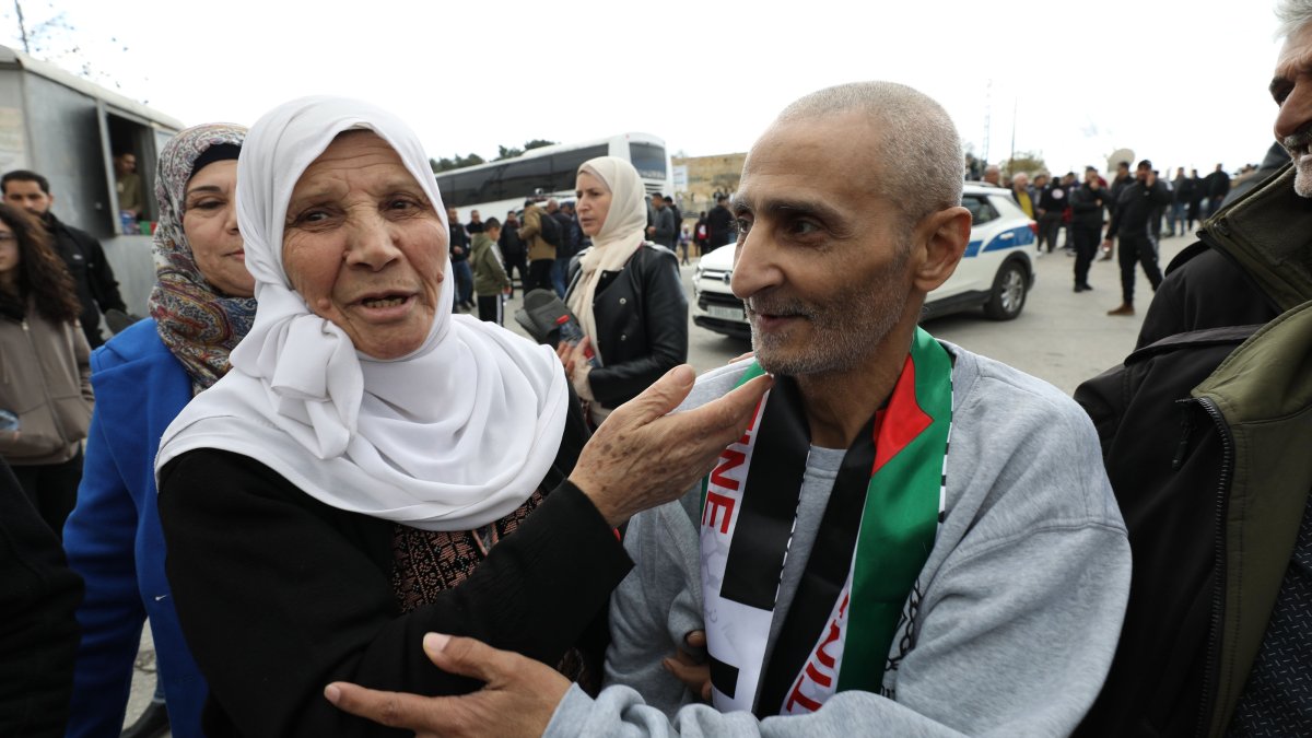 A Palestinian former detainee is greeted by family and friends as he arrives after being released from an Israeli prison in Ramallah, occupied West Bank, Feb. 1, 2025. (EPA Photo)