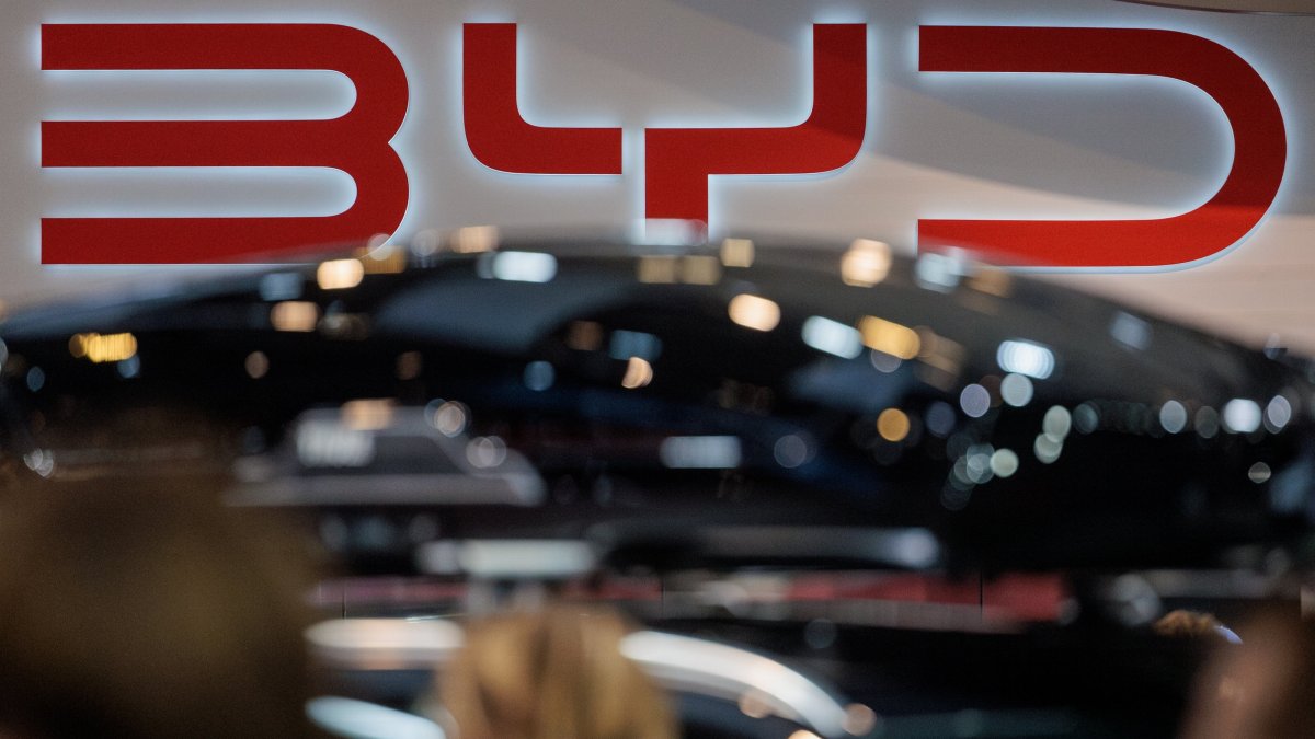 A BYD logo during the 101st Brussels Motor Show at Brussels Expo, Brussels, Belgium, Jan. 16, 2025. (EPA Photo)