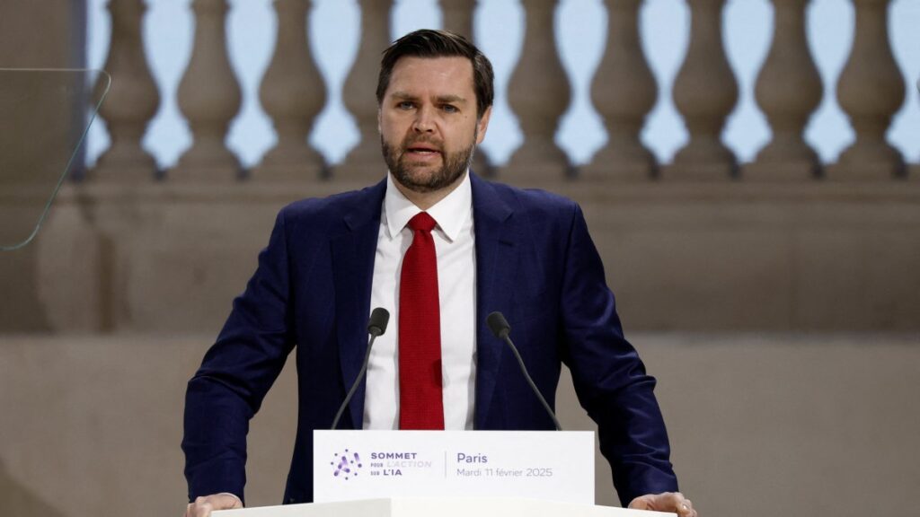 U.S. Vice President JD Vance delivers a speech during the plenary session of the Artificial Intelligence Action Summit at the Grand Palais, Paris, France, Feb. 11, 2025. (Reuters Photo)