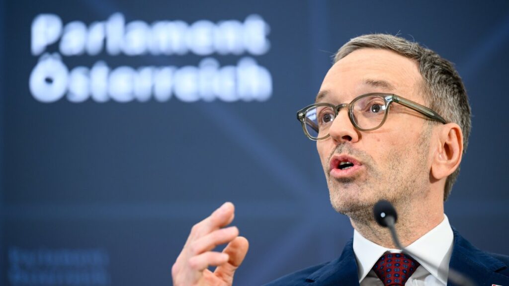 Chairman of the Freedom Party of Austria (FPOe) Herbert Kickl speaks during the press conference on the coalition talks between the OeVP and FPOe in Vienna, Austria, Jan. 13, 2025. (EPA Photo)