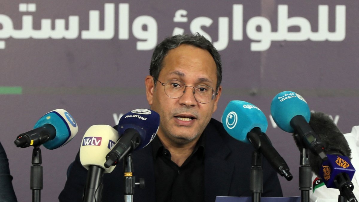 This file picture shows the minister for cabinet affairs in Libya's Tripoli-based Government of National Unity (GNU), Adel Juma, addressing a news conference in the Libyan capital, Sept. 12, 2023. (AFP Photo)