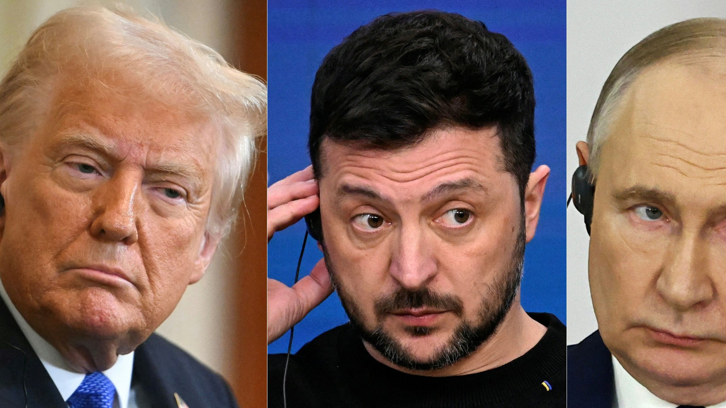 This combination of pictures created on Feb. 12, 2025, shows (from L) U.S. President Donald Trump, Ukraine's President Volodymyr Zelenskyy and Russian President Vladimir Putin. (AFP Photo)