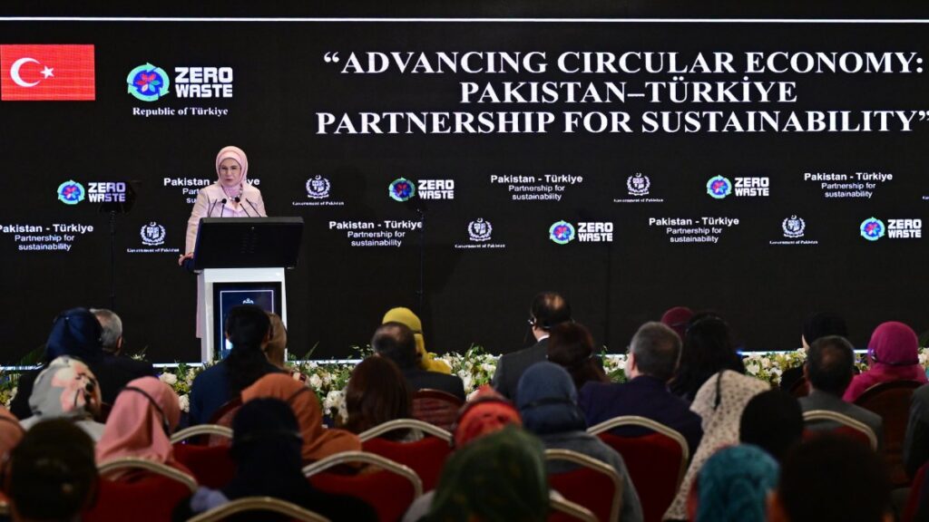 First lady Emine Erdoğan delivers a speech during the "Advancing the Circular Economy" event, Islamabad, Pakistan, Feb. 13, 2025. (AA Photo)