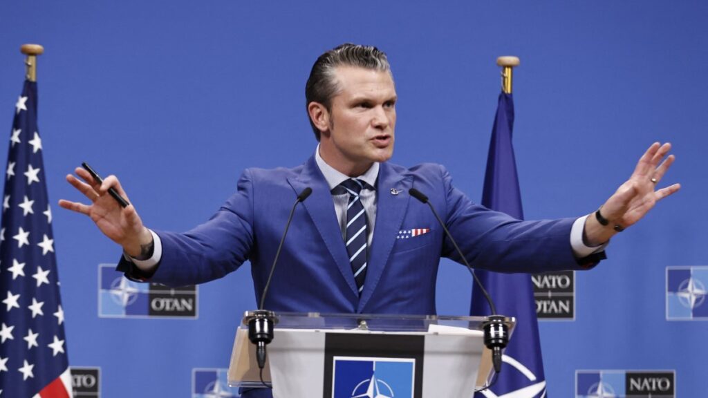 U.S. Secretary of Defense Pete Hegseth holds a news conference following the meeting of The North Atlantic Treaty Organisation (NATO) Ministers of Defense at NATO Headquarters in Brussels, Feb. 13, 2025. (AFP Photo)