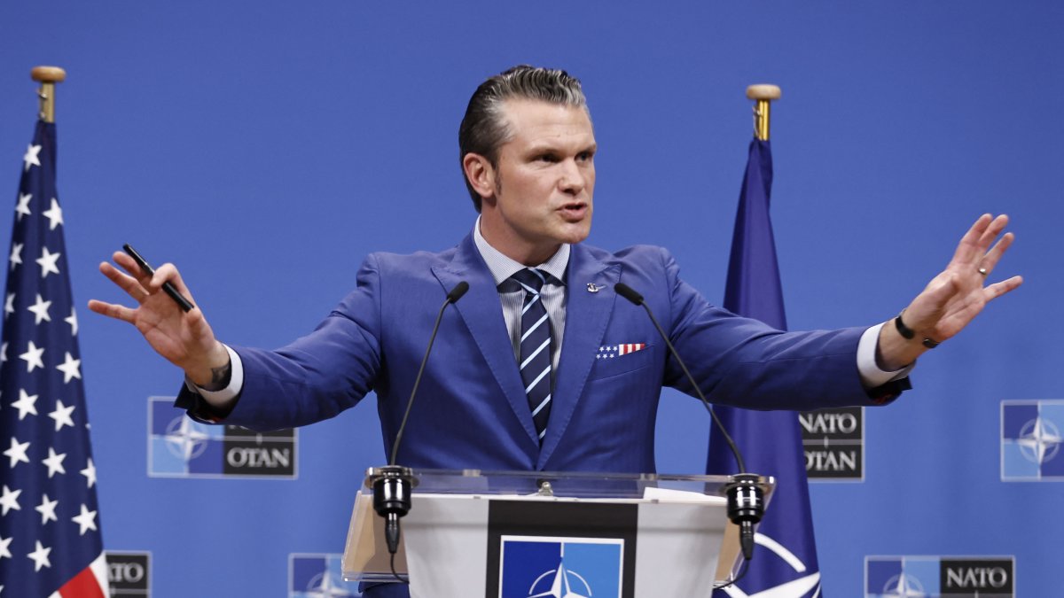 U.S. Secretary of Defense Pete Hegseth holds a news conference following the meeting of The North Atlantic Treaty Organisation (NATO) Ministers of Defense at NATO Headquarters in Brussels, Feb. 13, 2025. (AFP Photo)