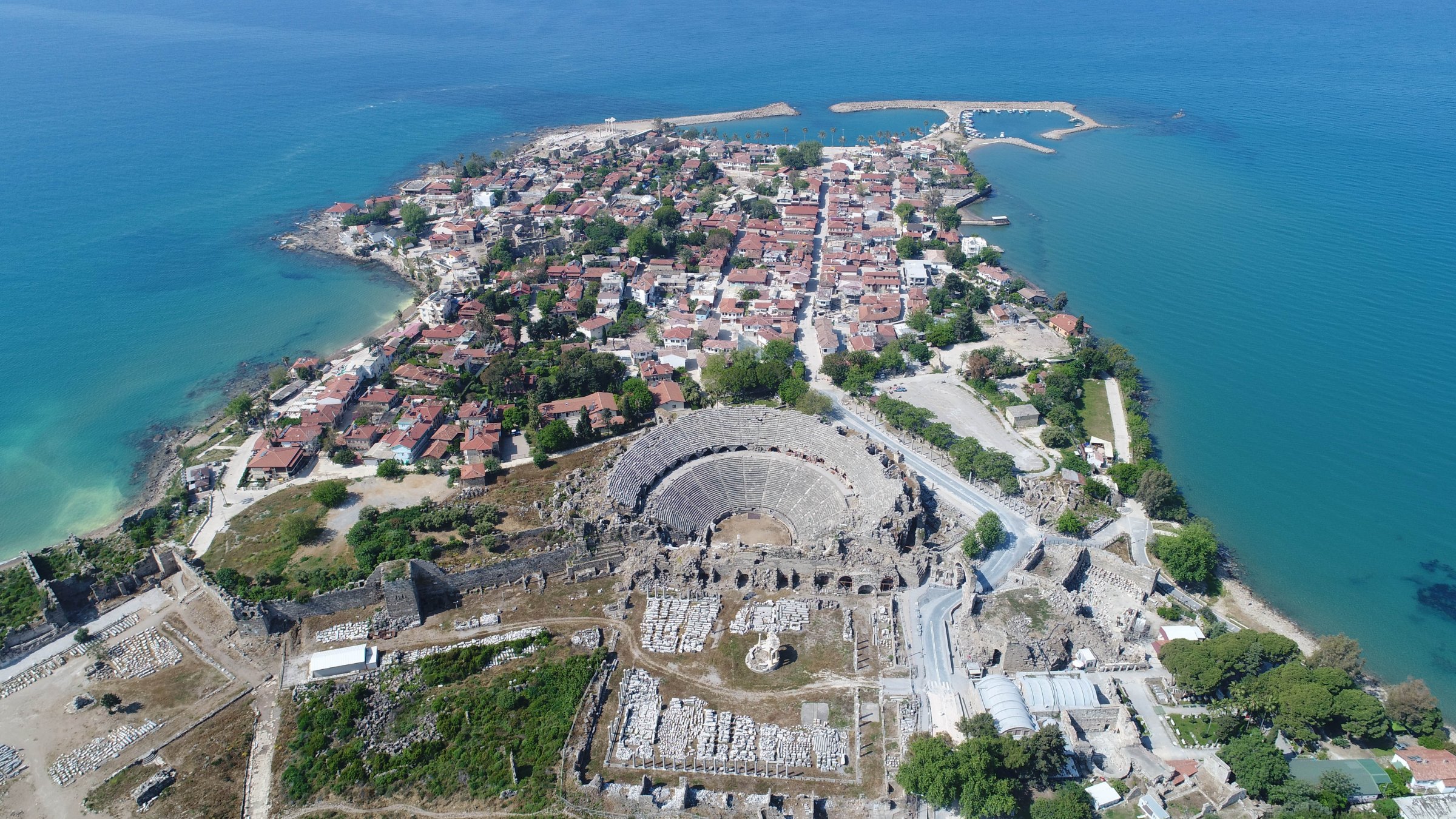 An aerial view of Side Ancient City, the most searched site in 2024 according to Google Maps, Antalya, Türkiye, Feb. 14, 2025. (DHA Photo)