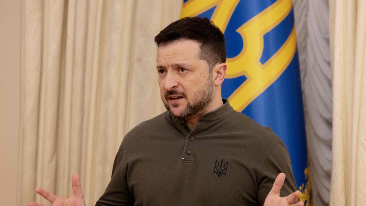 Ukraine's President Volodymyr Zelenskyy speaks during a joint news conference with the President of the European Investment Bank (EIB) in Kyiv, Feb.10, 2025. (AFP Photo)