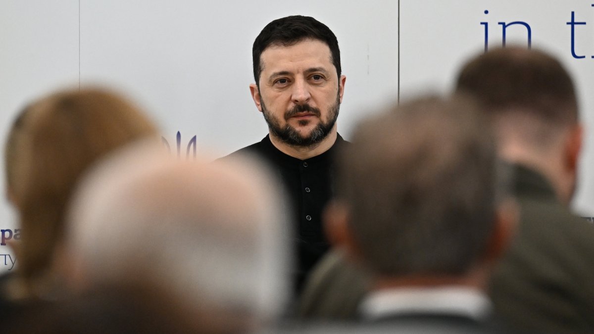 Ukrainian President Volodymyr Zelenskyy attends the opening of Kyiv's new embassy building in Ankara, Türkiye, Feb. 18, 2025.
