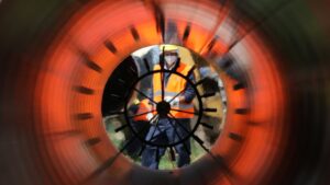 Workers are seen through a pipe at a construction site on the extension of Russia's TurkStream gas pipeline in Letnitsa, Bulgaria, June 1, 2020. (Reuters Photo)