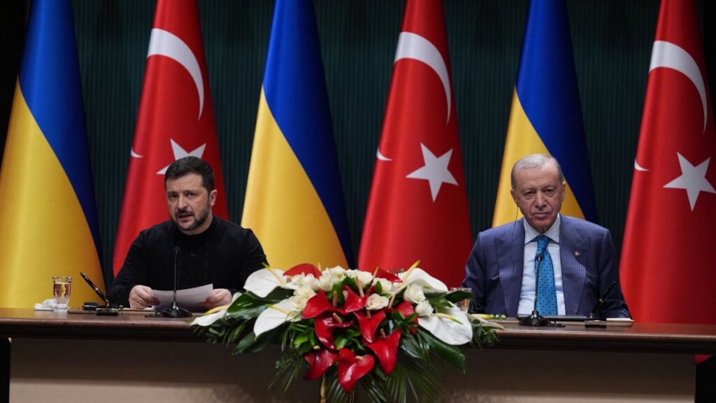 President Recep Tayyip Erdoğan and Ukraine's President Volodymyr Zelenskyy hold a joint news conference following talks in Ankara, Feb. 18, 2025. (AA Photo)