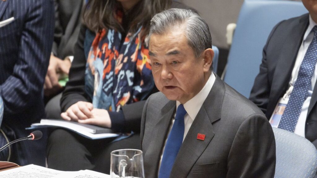China's Foreign Minister Wang Yi speaks during a United Nations Security Council meeting at the United Nations (U.N.) headquarters in New York, Feb. 18, 2025. (EPA Photo)