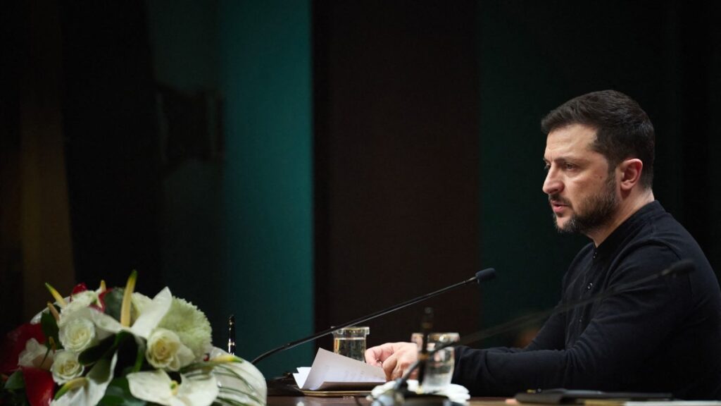Ukraine's President Volodymyr Zelenskyy attends a joint press conference with President Recep Tayyip Erdoğan (not pictured) at the Presidential Complex in Ankara. (Photo by Handout / Ukrainian Presidential Press Service via AFP)
