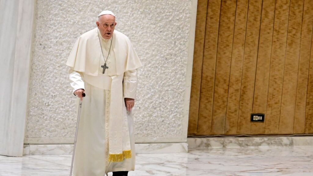 Pope Francis arrives to attend "The caress and the smile" event to meet with grandparents, elderly, grandchildren and members of the "Fondazione Eta' Grande," The Vatican, April 27, 2024. (AFP Photo)