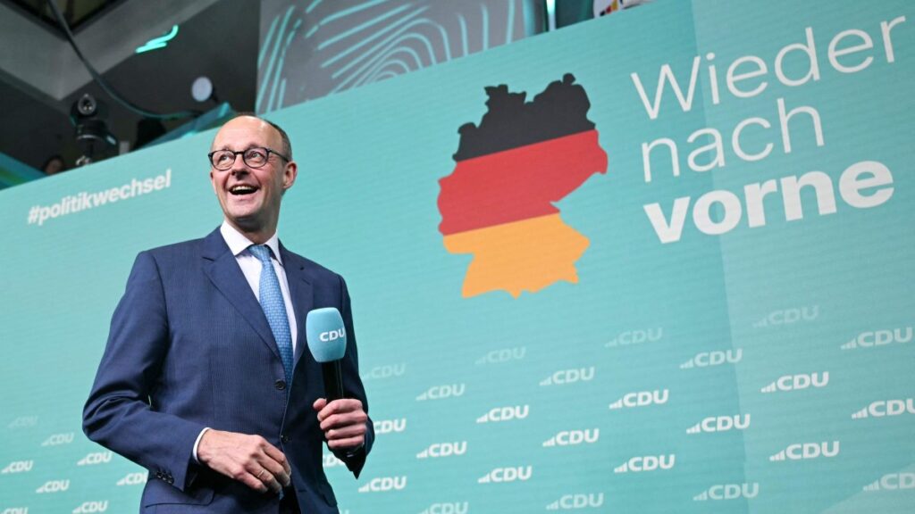 Friedrich Merz, leader of Germany's conservative Christian Democratic Union (CDU) and top candidate for chancellor, addresses supporters in Berlin, Germany, Feb. 23, 2025. (AFP Photo)