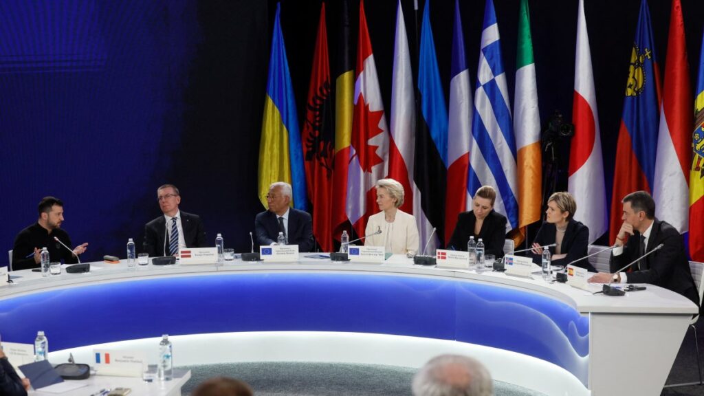Ukrainian President Volodymyr Zelenskyy, European Commission President Ursula von der Leyen, European Council President Antonio Costa, Spain's Prime Minister Pedro Sanchez, Latvia's President Edgars Rinkevics, Denmark's Prime Minister Mette Frederiksen and Iceland's Prime Minister Kristrun Frostadottir attend a news conference after the 'Support Ukraine' summit, marking the third anniversary of the Russian invasion, in Kyiv, Ukraine, Feb. 24, 2025. (Reuters Photo)