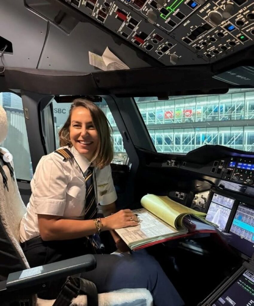 Gökçe Kübra Yıldırım in the cockpit of an Airbus A380, Dubai, UAE, Feb. 25, 2025. (DHA Photo)