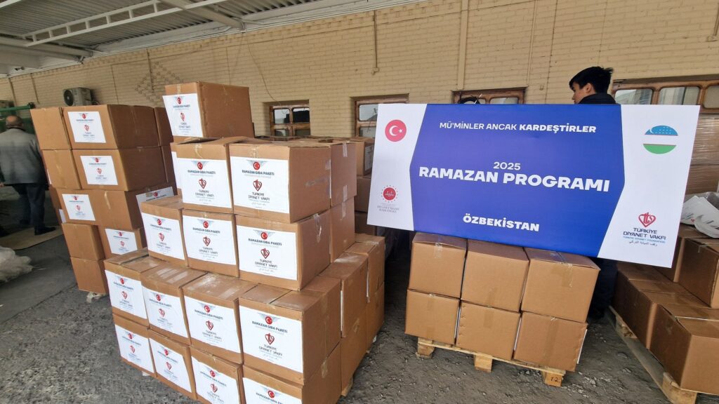 Boxes of food aid from the Türkiye Diyanet Foundation arrive in Tashkent, Uzbekistan, Feb. 25, 2025. (AA Photo)