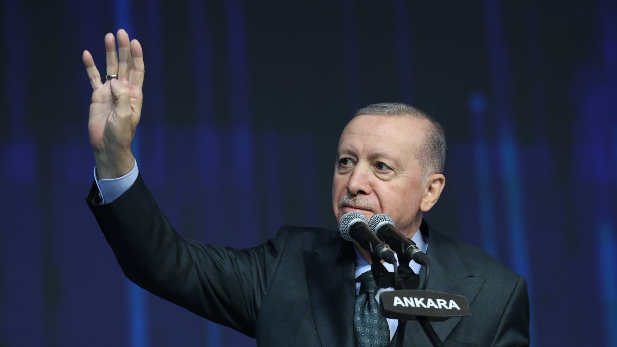 President Recep Tayyip Erdoğan gestures at the grand congress of the Justice and Development Party (AK Party), Ankara, Türkiye, Feb. 23, 2025. (İHA Photo)