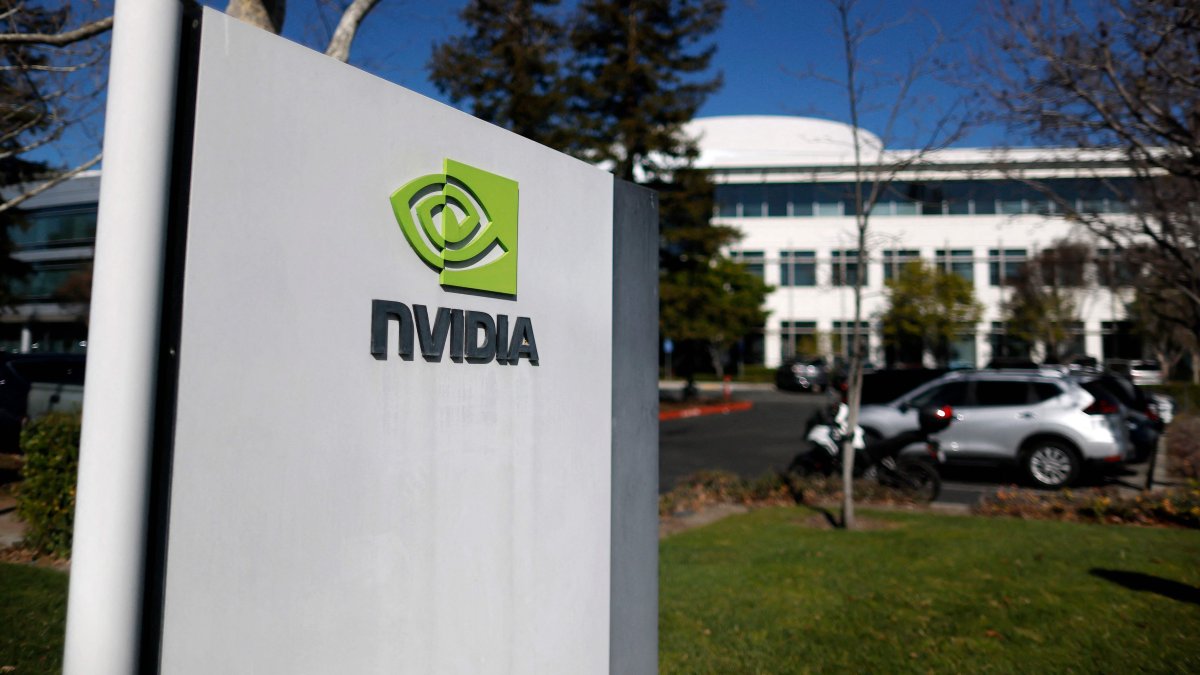 The Nvidia logo is displayed on a sign at the Nvidia headquarters, Santa Clara, California, U.S., Feb. 26, 2025. (AFP Photo)