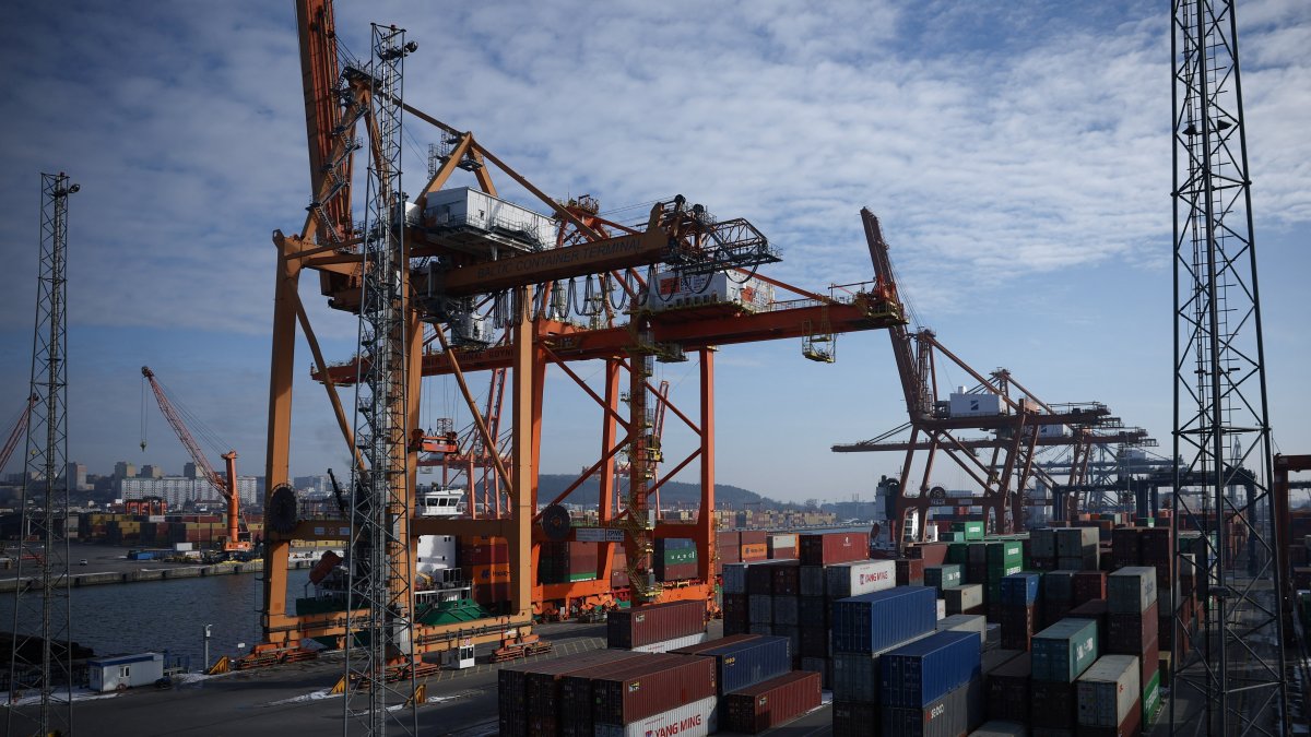 Stacks of shipping containers are pictured at the Hutchison Ports Gdynia (GTC Gdynia Container Terminal), Gdynia, Poland, Feb. 22, 2025. (Reuters Photo)