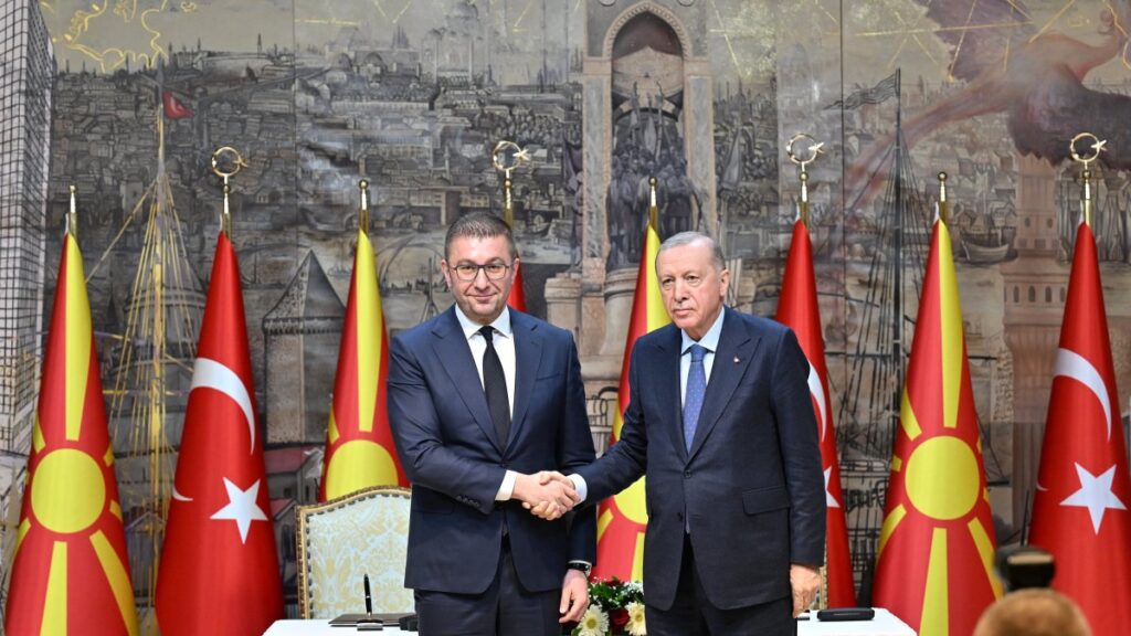 President Recep Tayyip Erdoğan and  North Macedonian Prime Minister Hristijan Mickoski shake hands after bilateral talks in Istanbul, Feb. 28, 2025. (AA Photo)