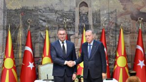 President Recep Tayyip Erdoğan and  North Macedonian Prime Minister Hristijan Mickoski shake hands after bilateral talks in Istanbul, Feb. 28, 2025. (AA Photo)