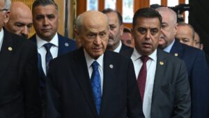 Nationalist Movement Party (MHP) leader Devlet Bahçeli (C) arrives for his party's parliamentary group meeting in the capital Ankara, Türkiye, Jan. 28, 2025. (AA Photo)