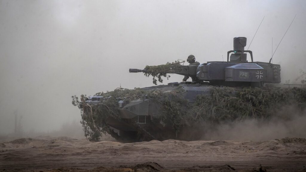 A German army Main battle tank Leopard 2A7V takes part in the Lithuanian-German division-level international military exercise 'Grand Quadriga 2024' at a training range in Pabrade, north of the capital Vilnius, Lithuania, May 29, 2024. (AP Photo)