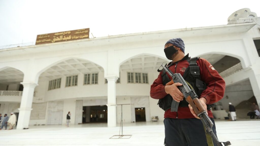 Pakistani police stands guard at the Darul Uloom Haqqania seminary following a bomb blast in Akora Khattak, Nowshera district, Khyber-Pakhtunkhwa province, Pakistan, Feb. 28, 2025. (EPA File Photo)
