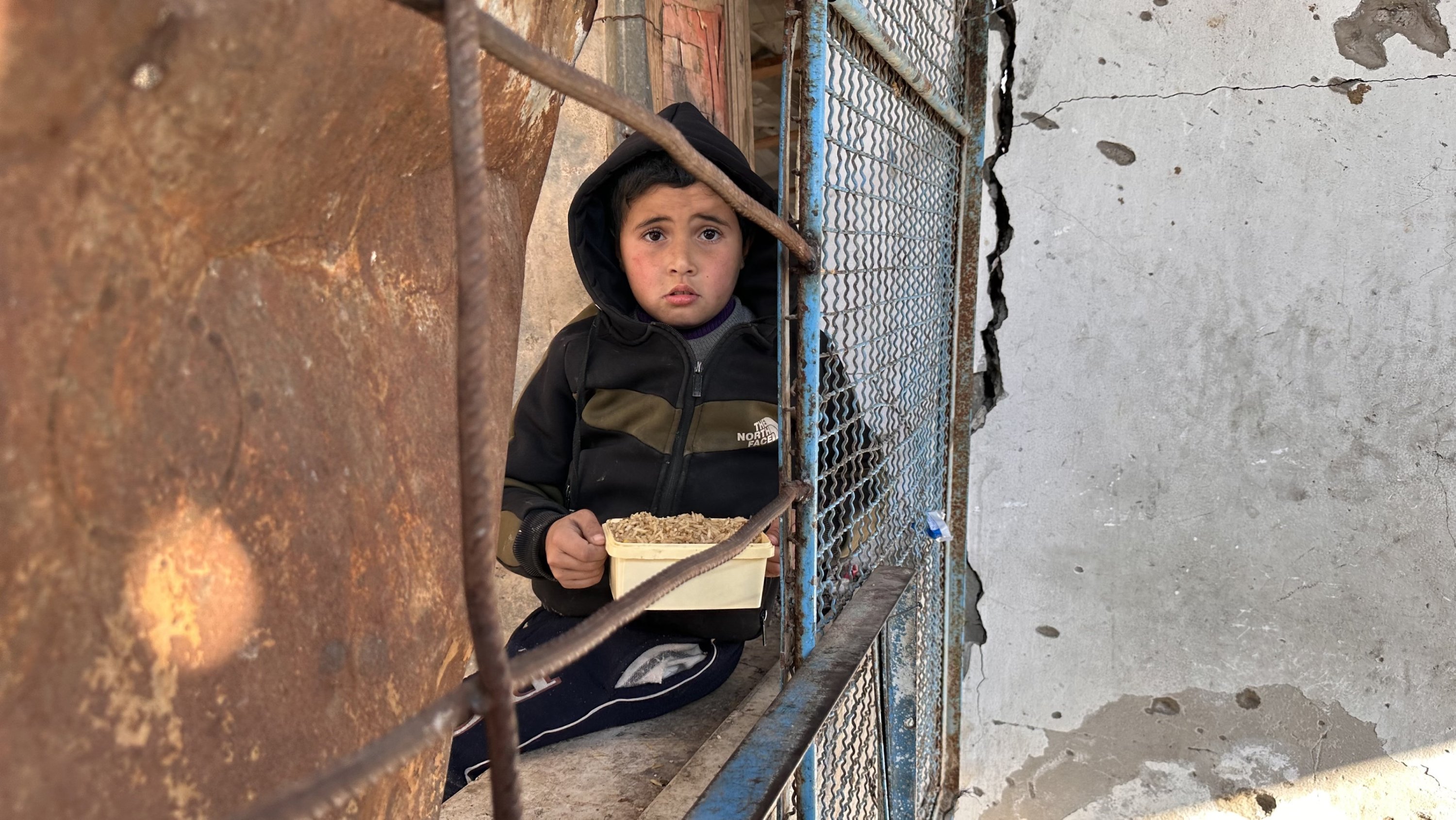 371610 A Palestinian child sits with a bowl of food at the Bureij refugee camp in central Gaza, Palestine, March 3, 2025. (AA Photo)