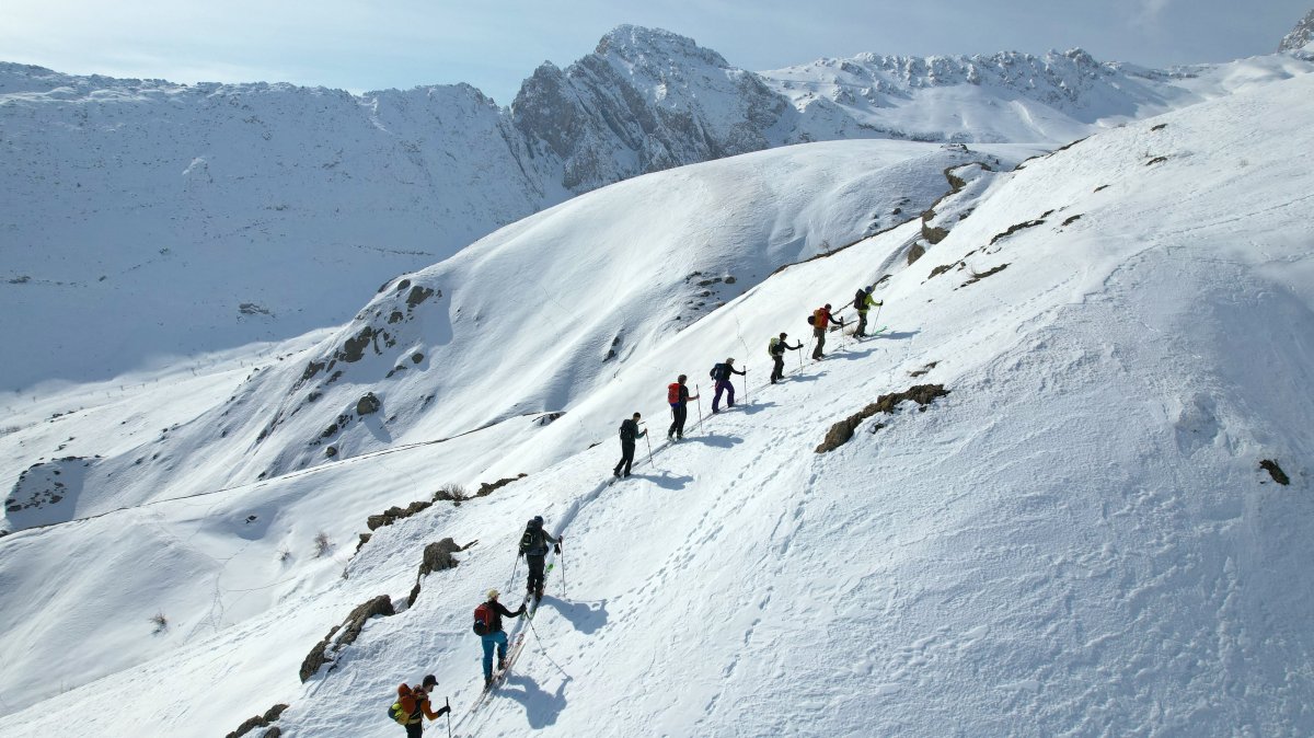Skiers explore the slopes of Hakkari's high-altitude mountains, Türkiye, March 6, 2025. (AA Photo)