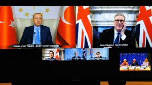 President Recep Tayyip Erdoğan attends a video call with the U.K., Canada, European leaders and EU officials on the security of Europe, Brussels, Belgium, March 7, 2025. (EPA Photo)