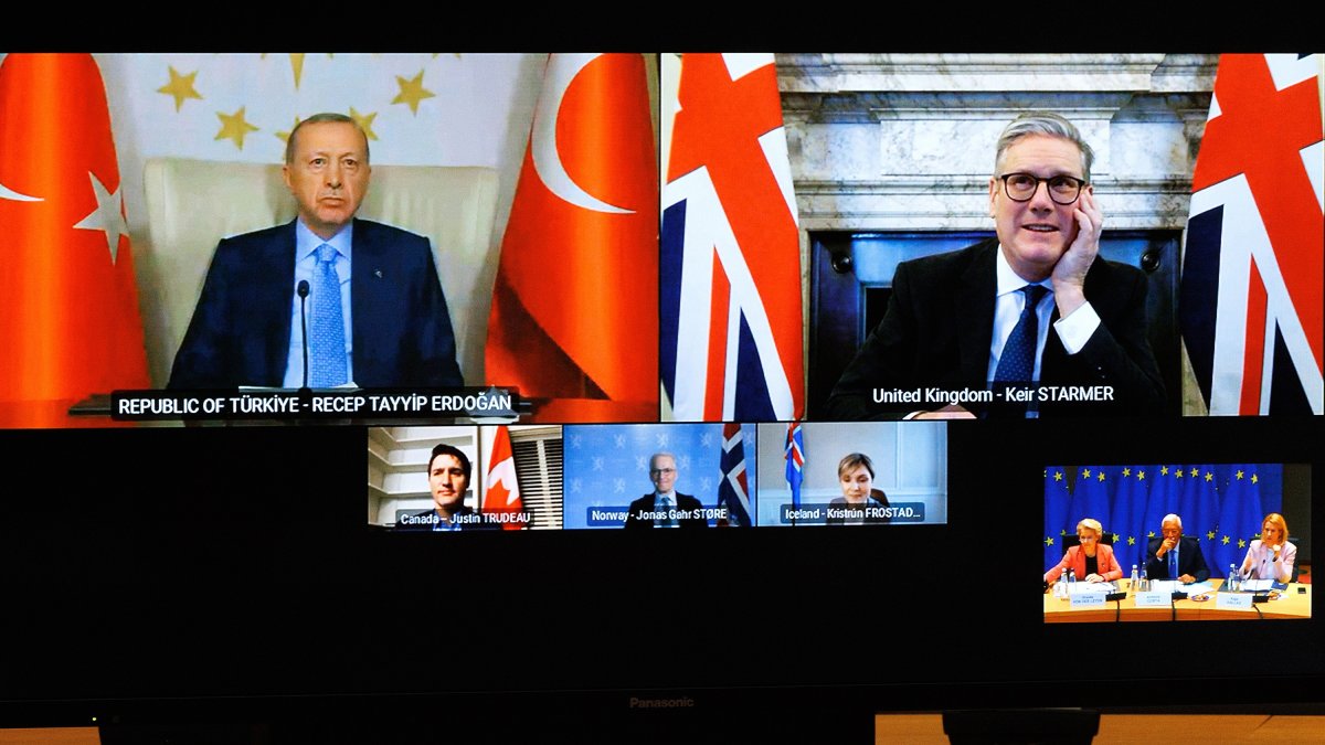 President Recep Tayyip Erdoğan attends a video call with the U.K., Canada, European leaders and EU officials on the security of Europe, Brussels, Belgium, March 7, 2025. (EPA Photo)