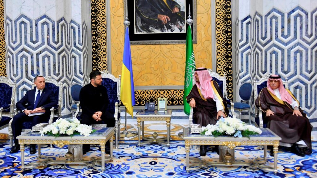 Deputy Governor of the Holy City of Mecca Prince Saud bin Mishaal bin Abdulaziz meets Ukrainian President Volodymyr Zelenskyy during his visit to Jeddah, Saudi Arabia, March 10, 2025. (Saudi Press Agency/Handout via Reuters)