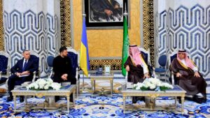 Deputy Governor of the Holy City of Mecca Prince Saud bin Mishaal bin Abdulaziz meets Ukrainian President Volodymyr Zelenskyy during his visit to Jeddah, Saudi Arabia, March 10, 2025. (Saudi Press Agency/Handout via Reuters)
