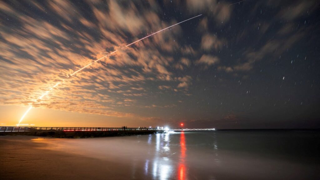 The SpaceX Falcon 9 rocket carrying Starlink satellites is seen over Sebastian Inlet after launching from Cape Canaveral, Florida, U.S., Feb. 26, 2025. (Reuters Photo)