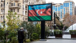 A street banner that says "Karabakh is Azerbaijan" is seen in the center of Baku, Azerbaijan, Nov. 17, 2024. (Reuters Photo)
