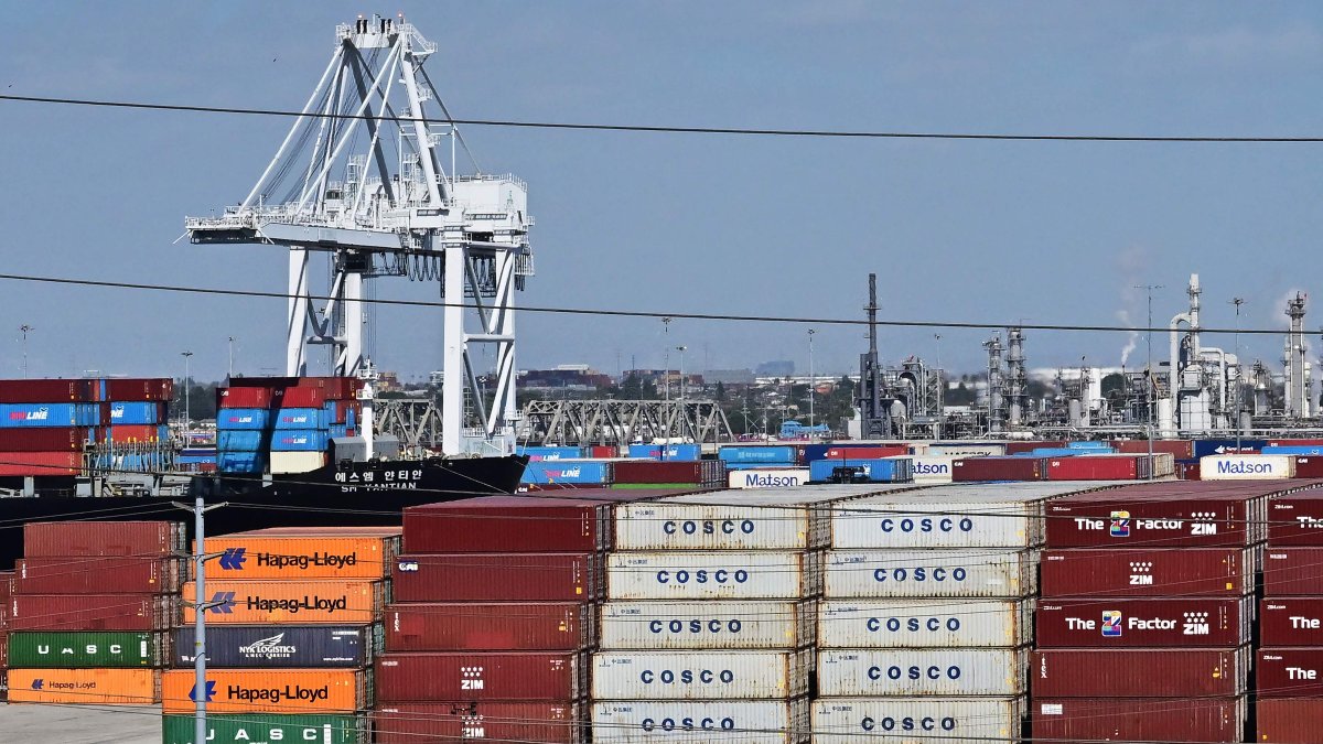 Shipping containers are stacked high at the Port of Long Beach in Long Beach, California, U.S.,  March 4, 2025. (AFP Photo)