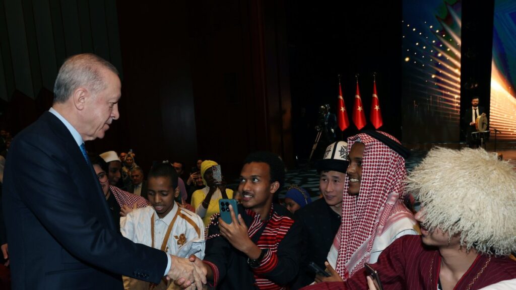 President Recep Tayyip Erdoğan shakes hands with international guests at the event, Ankara, Türkiye, March 13, 2025. (AA Photo)