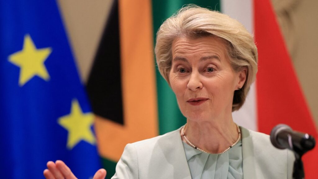 European Commission President Ursula von der Leyen gestures during a joint press conference at the 8th EU-South Africa summit, at Tuynhuys in Cape Town, South Africa, March 13, 2025. (Reuters Photo)