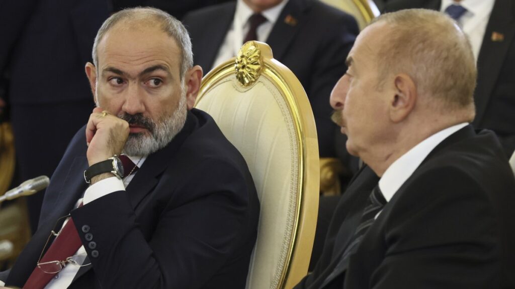 Armenian Prime Minister Nikol Pashinyan (L) and Azerbaijani President Ilham Aliyev (R) attend an extended meeting AT the CIS Summit in Moscow, Russia, Oct. 8, 2024. (AP Photo)