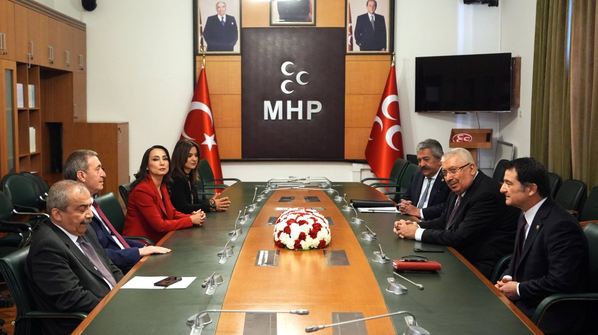 The Peoples’ Equality and Democracy Party (DEM Party) delegation (L) meets Nationalist Movement Party (MHP) deputy chairs at the MHP's offices at Parliament, Ankara, Türkiye, March 17, 2025. (AA Photo)