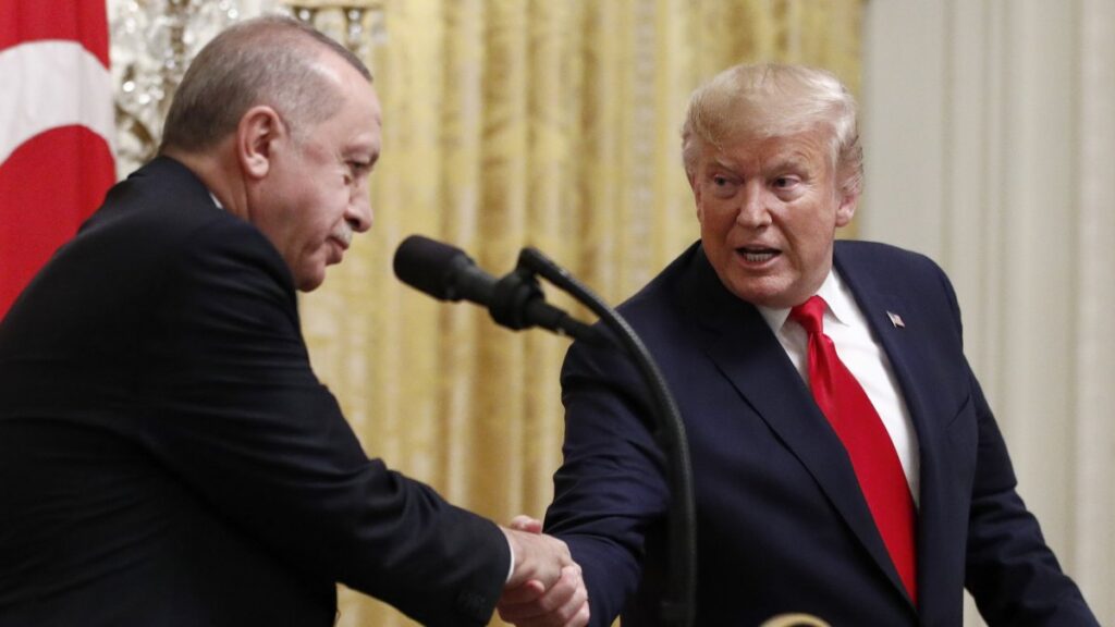 U.S. President Donald Trump (R) shakes hands with President Recep Tayyip Erdoğan during a news conference at the White House, Washington, U.S., Nov. 13, 2019. (AP Photo)