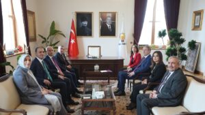Justice and Development Party (AK Party) officials (L) host a delegation of the Peoples’ Equality and Democracy Party (DEM Party), Ankara, Türkiye, March 17, 2025. (AA Photo)