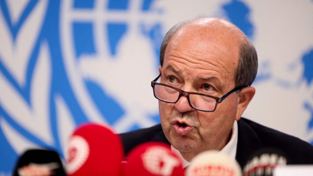 Turkish Cypriot leader Ersin Tatar attends a press conference on the day of a meeting to discuss future of stalled peace talks over the divided island of Cyprus at at the United Nations in Geneva, Switzerland, March 18, 2025. (AFP Photo)