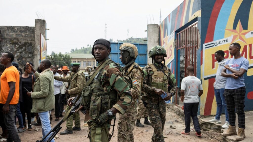 M23 rebels stand guard during a meeting organized by the M23 at the Stade de l'Unite after the town of Goma was taken by the M23 rebels, Goma, DRC, Feb. 6, 2025. (Reuters Photo)