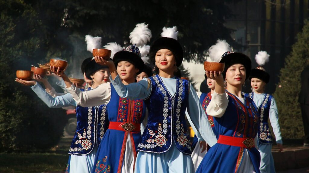 Women dressed in traditional clothes celebrate Nevruz, symbolizing renewal and the arrival of spring, Bishkek, Kyrgyzstan, March 23, 2025. (AA Photo)