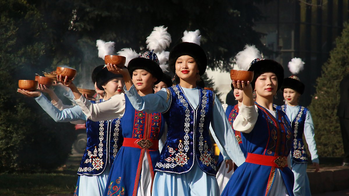 Women dressed in traditional clothes celebrate Nevruz, symbolizing renewal and the arrival of spring, Bishkek, Kyrgyzstan, March 23, 2025. (AA Photo)